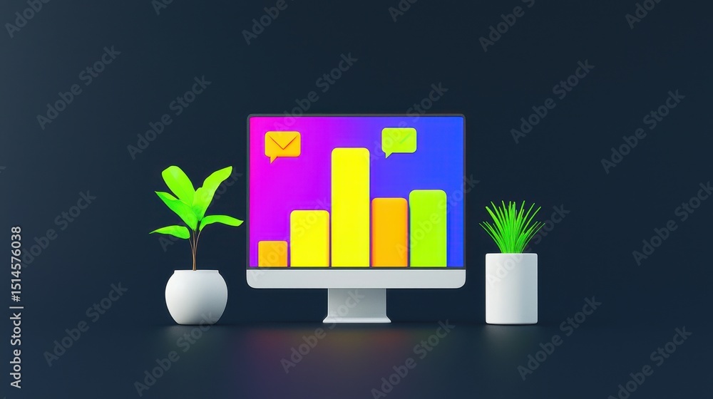 Poster colorful computer monitor displaying growth charts and icons