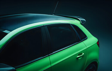 Close-up view of a green car roof with black matte antenna and textured plastic trim under studio lighting, isolated against a dark background for advertising, branding or design templates
