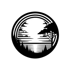 Nature Landscape Circle Silhouette - Forest Lake Vector Icon