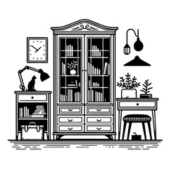 Home Office Bookshelf Silhouette - Workspace Cabinet Vector Icon