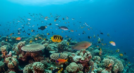 A vibrant underwater seascape teeming with colorful coral and diverse marine life, a world of wonder and aquatic biodiversity.