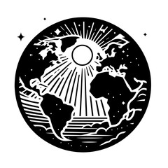Earth Planet with Sun Icon - Celestial Globe Vector Silhouette