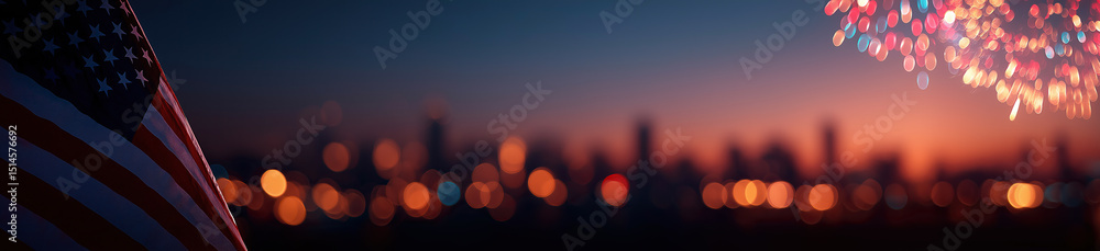 Poster radiant fireworks explode with dynamic bokeh light patterns, creating warm atmosphere