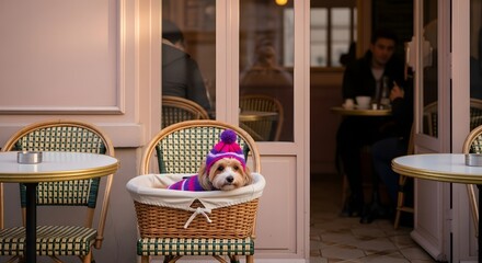A fashionable dog in a knitted hat nestled in a basket at a Parisian cafe, exuding elegance and capturing a touch of urban charm.