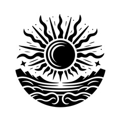 Aztec Sun Waves Icon - Celestial Landscape Vector Silhouette