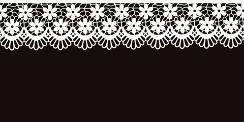 Perfect white real Lace template design. Vector illustration of handmade Lace Frame isolated black background. EPS 10