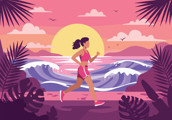 Adobe Illustrator Artwork Dynamic flat vector illustration of a woman jogging on a tropical beach at sunset, surrounded by palm leaves and ocean waves. Perfect for healthy summer lifestyle