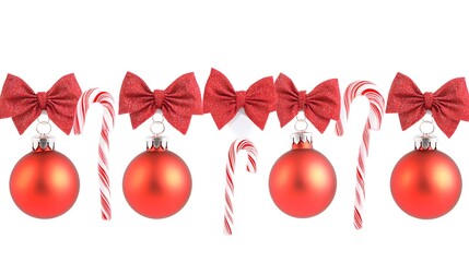 Festive Christmas Decorations: Red Ornaments, Bows, Candy Canes