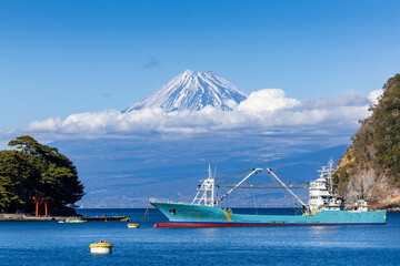Mt. Fuji view from Heta fishing harbor in Japan.