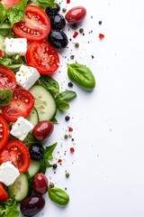 Classic Greek salad with fresh vegetables, feta cheese and olives on white background
