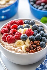 Delicious oatmeal with berries in a bowl on a white background