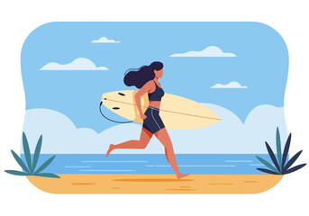 Energetic flat vector illustration of a woman running on a summer beach with her surfboard. Perfect for healthy lifestyle, surfing, and outdoor sports themes