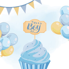 Its a boy cute blue greeting card with muffin wood sign balloons party decorations