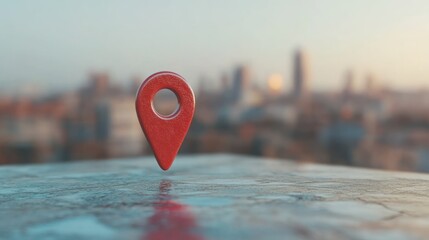 A red map pin hovers above a textured surface, with a blurred cityscape backdrop at sunset