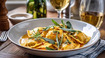Ravioli Dish with Herbs, Wine, and Utensils