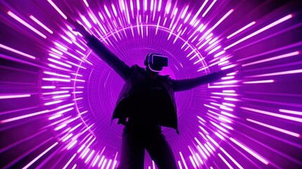 A silhouetted person in a VR headset joyfully experiences a vibrant, purple, light-based virtual environment