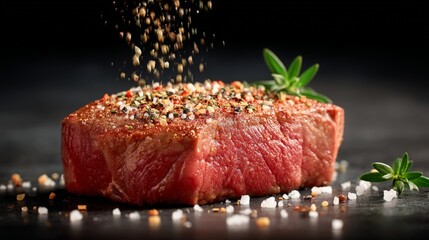 Raw Steak with Falling Spices and Rosemary on Dark Surface