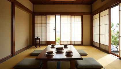 A serene traditional tatami room, adorned with shoji screens and a low table set for a tranquil tea ceremony, capturing the essence of minimalist Japanese interior design.