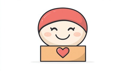 Cute cartoon character with a gift box.  A stylized, smiling, chibi-like figure with a coral-red hat and light peach skin, sits atop a light brown gift box.  A red heart is on the box