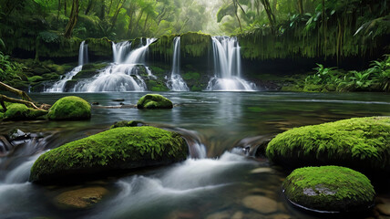 waterfall in the forest | Waterfall Flowing into Clear River in Jungle Setting