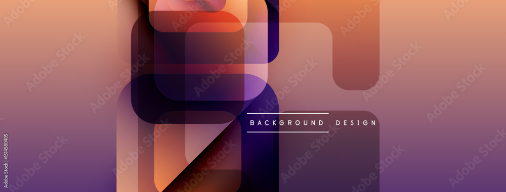 Poster abstract geometric shapes overlap, creating gradient color transitions. purple, orange hues dominate