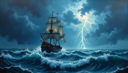 Obraz premium A lone sailing ship navigates the tumultuous ocean under a stormy sky, dramatic lightning illuminates the scene. Experience the raw power of nature in this captivating digital painting.