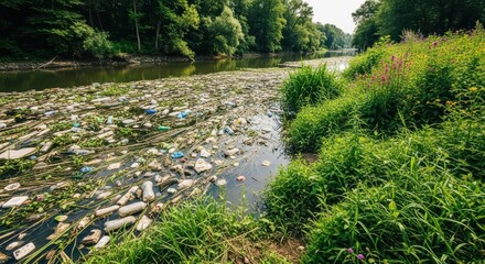 River Polluted with Plastic Bottles and Trash