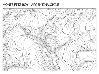 Topographic contour map of Monte Fitz Roy in Patagonia spanning Argentina and Chile with rugged elevation detail. Contour lines vector terrain background.