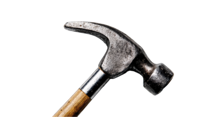 Close-up of a vintage hammer head and wooden handle against a black background.  The metal head shows signs of use and age, while the handle is light brown