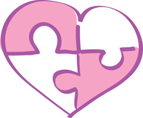 Puzzle heart with pink pieces, curved lines drawn by hand with a brush