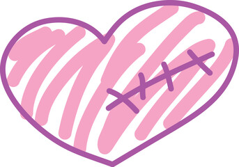 Heart with a stitched wound, painted with pink lines, curved lines drawn by hand with a brush