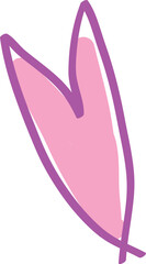 An elongated, pointed pink heart, loosely drawn and colored, curved lines drawn by hand with a brush