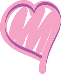 One pink heart drawn with a brush marker, curved lines drawn by hand with a brush