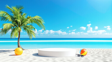Fototapeta premium Round podium on a tropical beach next to palm trees, beach ball and sunglasses - perfect for a summer banner, advertising
