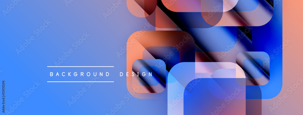 Poster abstract geometric shapes overlap, creating vibrant blue, orange gradients. modern design elements s