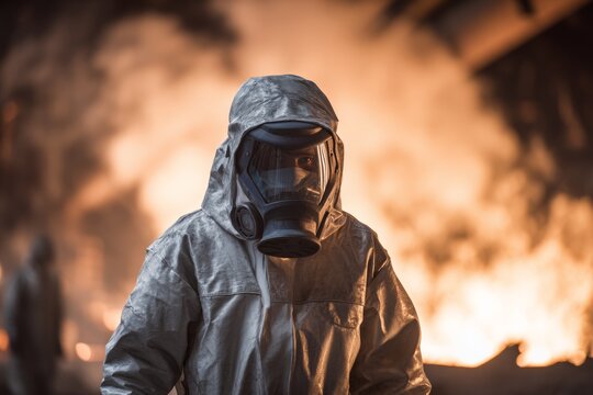 Worker in Protective Suit Near High-Heat Smelter..