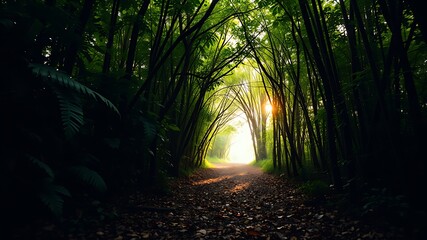 Sunlit path through a lush green forest canopy