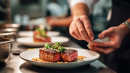 Chef Plating Sliced Steak with Greens in Kitchen