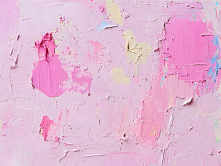 Abstract pink paint texture with rough and thick brush strokes creating warped panel effect, featuring soft pastel colors and tactile, artistic surface
