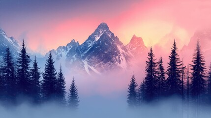 Obraz premium Snowy mountains shrouded in pastel-colored mist.