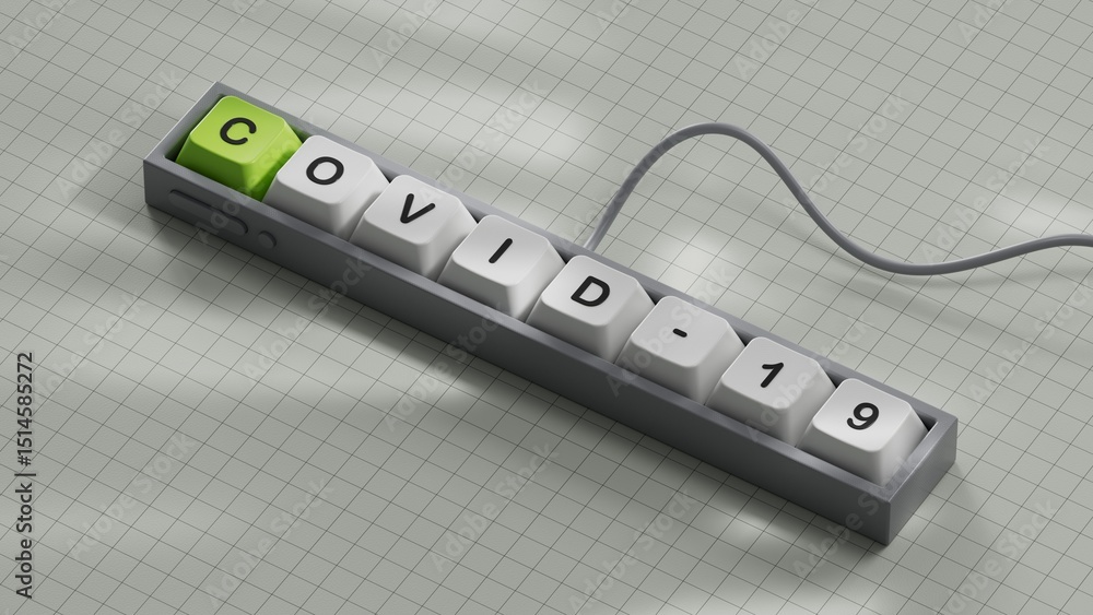 Poster Covid-19.Computer keyboard keys spelling.Flat lay view from above on white background with computer keyboard keys buttons.IT technology concept.3D rendering on white background.