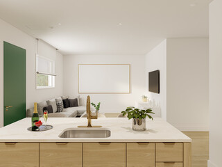 Open concept kitchen and living room with framed artwork and champagne setup