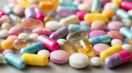 scattered mix of various colorful pills and capsules in different shapes and sizes, representing modern medicine, supplements, and pharmaceutical diversity