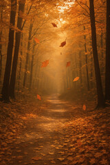 Autumn path: A serene trail meanders through a golden forest, with falling leaves and soft light, creating a peaceful nature scene.