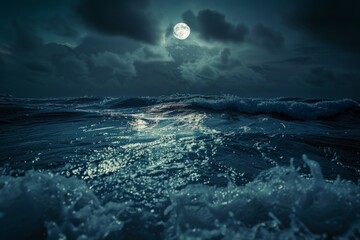 Full moon in the sky over the sea with waves at night. Neural network ai generated