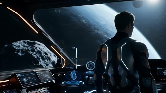 Spaceship Pilot Viewing Planet and Asteroid from Cockpit