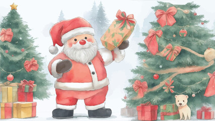 Watercolor cartoon stickers of Santa Claus and gifts