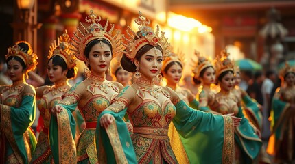 Group of women in ornate, green and gold costumes perform outdoor in warm light