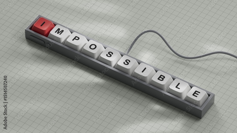 Poster impossible.computer keyboard keys spelling.flat lay view from above on white background with compute