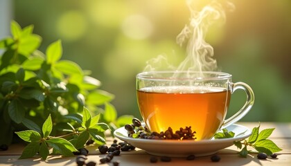 A steaming cup of tea is placed on a table in front of a blurred background. the aroma of tea rises, inviting the viewer to experience a moment of tranquility.
